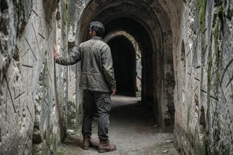 Explorateur courageux à l'entrée d'un labyrinthe souterrain en pierre ancienne, symbolisant le mythe du Minotaure et l'épreuve du courage