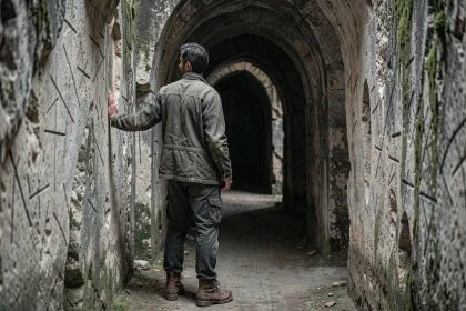 Explorateur courageux à l'entrée d'un labyrinthe souterrain en pierre ancienne, symbolisant le mythe du Minotaure et l'épreuve du courage