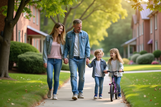 Famille souriante de quatre dans un quartier résidentiel