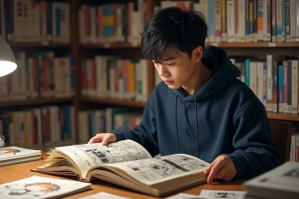 Jeune fan de manga lisant le scan One Piece 1138 à son bureau entouré de volumes manga