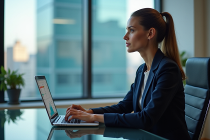 Femme d'affaires regardant un écran de taux d'intérêt