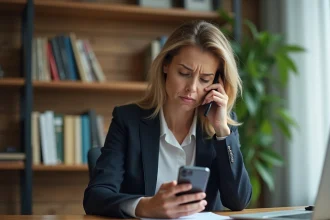 Femme d affaires au bureau inspectant un appel entrant