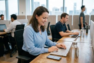 Femme travaillant sur un ordinateur dans un bureau moderne