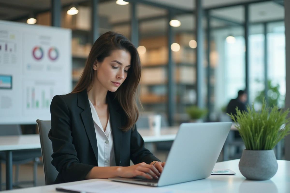 Femme concentrée travaillant sur son ordinateur dans un bureau lumineux