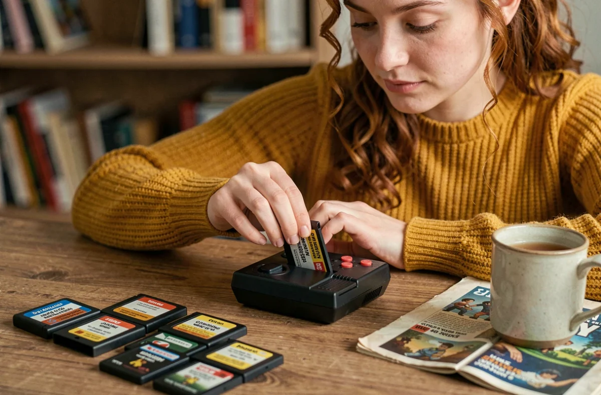 Femme insérant une cartouche rétro dans une console de jeu portable avec sauvegarde de partie