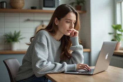 Jeune femme en cosy sweater travaillant sur son laptop à la maison