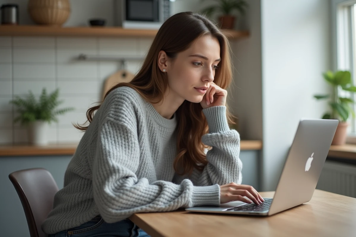 Jeune femme en cosy sweater travaillant sur son laptop à la maison