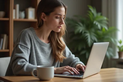Femme tapant sur un clavier d'ordinateur portable pour saisir un È majuscule avec accent grave