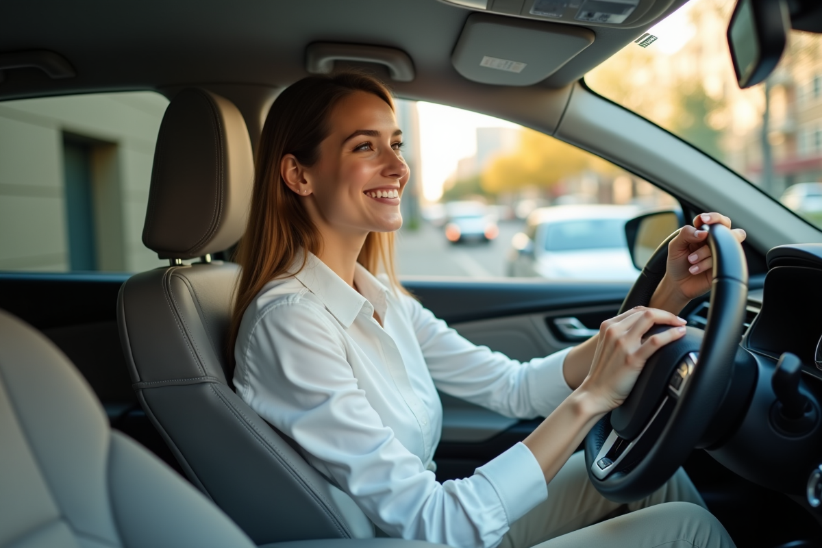 Jeune femme dans une voiture en ville au volant