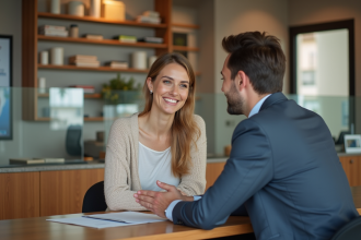 Femme discutant avec conseiller bancaire dans une banque moderne