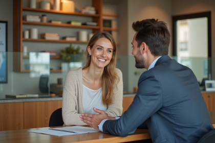Femme discutant avec conseiller bancaire dans une banque moderne