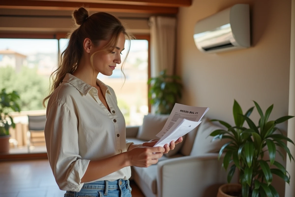 Jeune femme vérifiant sa facture d énergie près d