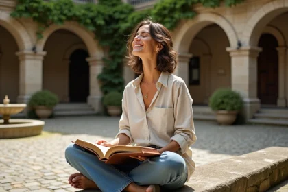 Femme contemplative lisant un livre dans une cour en pierre historique, illustrant la maxime carpe diem et la plénitude du moment présent