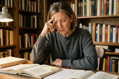Femme concentrée résolvant une devinette difficile dans une bibliothèque, stimulant sa mémoire et sa réflexion logique