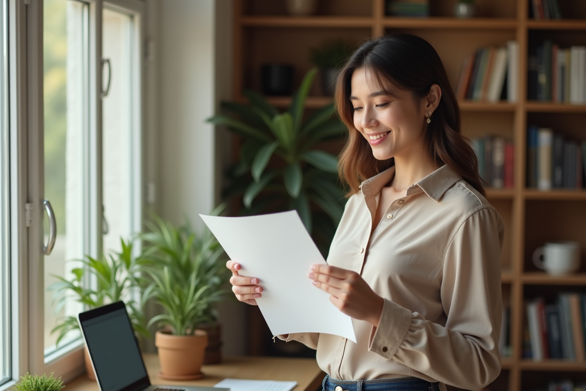 Jeune femme en home office tenant un diplôme avec fierté