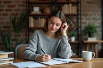 Femme concentrée qui écrit dans un cahier à son bureau en bois, illustrant la réflexion sur les règles grammaticales du participe passé