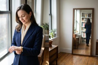Femme élégante portant un blazer navy avec des accessoires raffinés