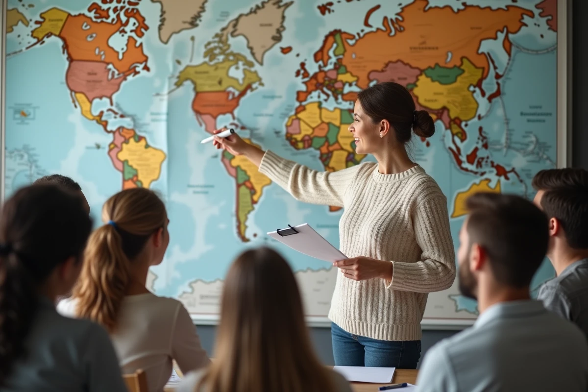 Femme pointant une carte du monde lors d