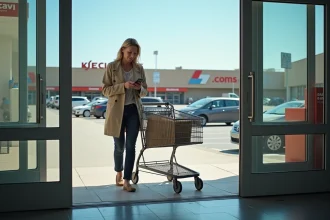 Femme entrant dans un supermarché E.Leclerc ouvert le dimanche matin avec son caddie