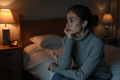 Femme pensive regardant une horloge affichant 21h12 dans une chambre nocturne, symbolisant les blocages émotionnels en amour