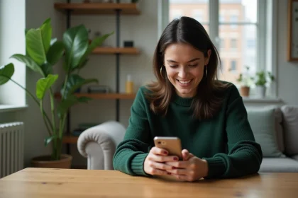 Femme concentrée jouant à Monopoly Go sur smartphone dans un salon lumineux