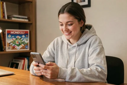 Jeune femme jouant à Monopoly Go sur smartphone avec le jeu de plateau en arrière-plan