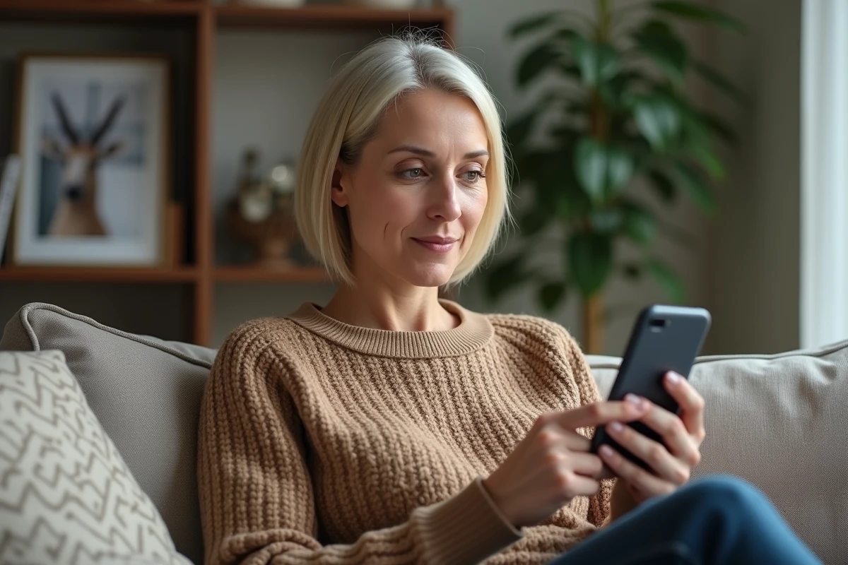 Femme à la maison lisant des avis clients sur son smartphone
