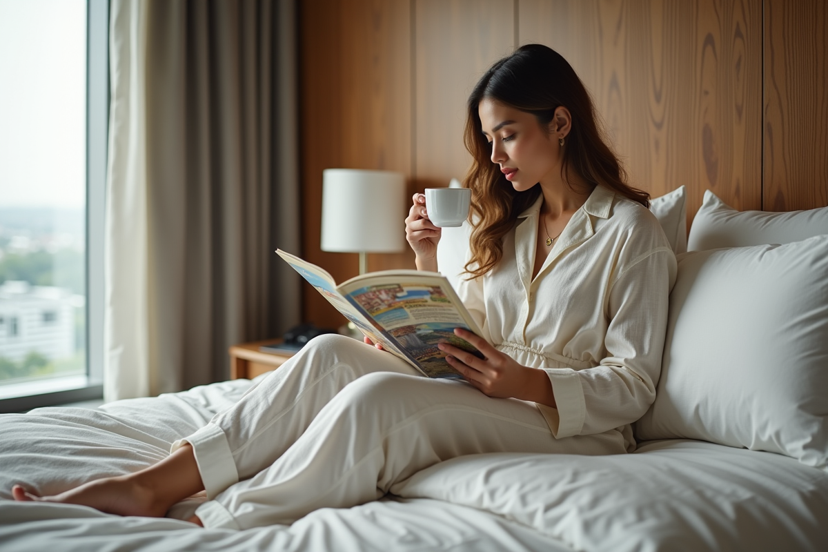 Jeune femme en pantalon en linen dans chambre luxueuse