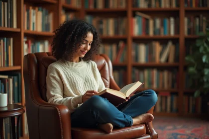 Femme lisant un livre best-seller dans une bibliothèque chaleureuse entourée d'étagères remplies de livres colorés