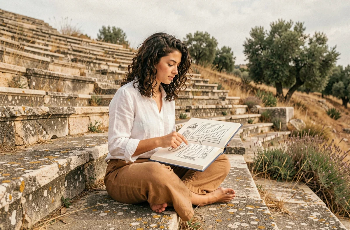 Jeune femme lisant un livre illustré de labyrinthes sur les gradins d'un amphithéâtre grec antique, thème du courage et de la mythologie