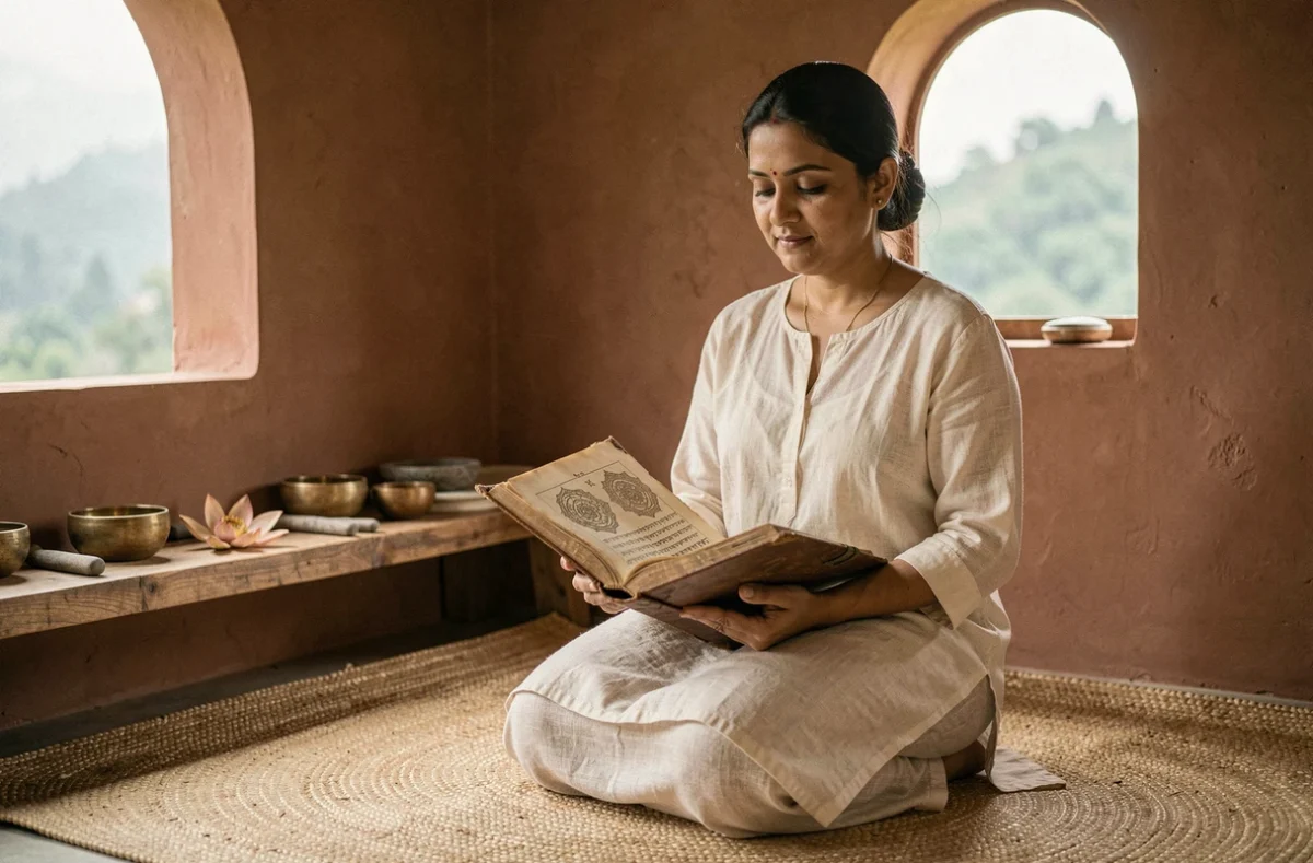 Femme étudiant un manuscrit sanskrit sur Shamballa dans une salle de méditation aux murs en terre cuite avec bols chantants tibétains