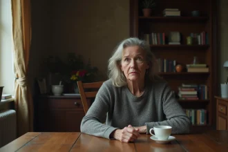 Femme mélancolique assise seule à une table en bois, symbolisant le déclin progressif et l'amenuisement au quotidien
