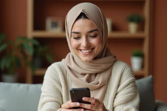 Jeune femme en hijab souriant en tapant un message de Ramadan sur son smartphone dans un salon chaleureux