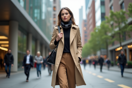 Femme élégante en trench beige dans une rue urbaine