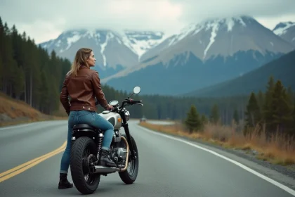Femme en moto devant paysage montagneux sauvage