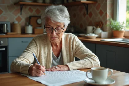 Femme d'une cinquantaine d'années résolvant des mots fléchés dans un journal Ouest-France à sa table de cuisine