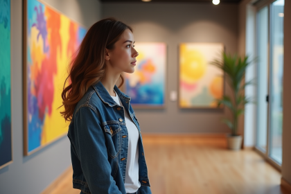 Jeune femme examine une peinture abstraite dans une galerie d'art