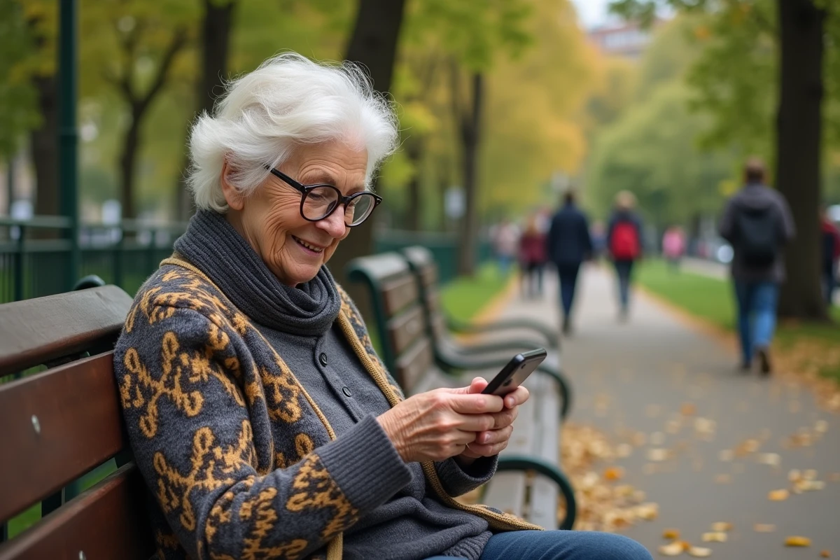 Femme âgée regardant un meme Astérix sur son téléphone dans le parc