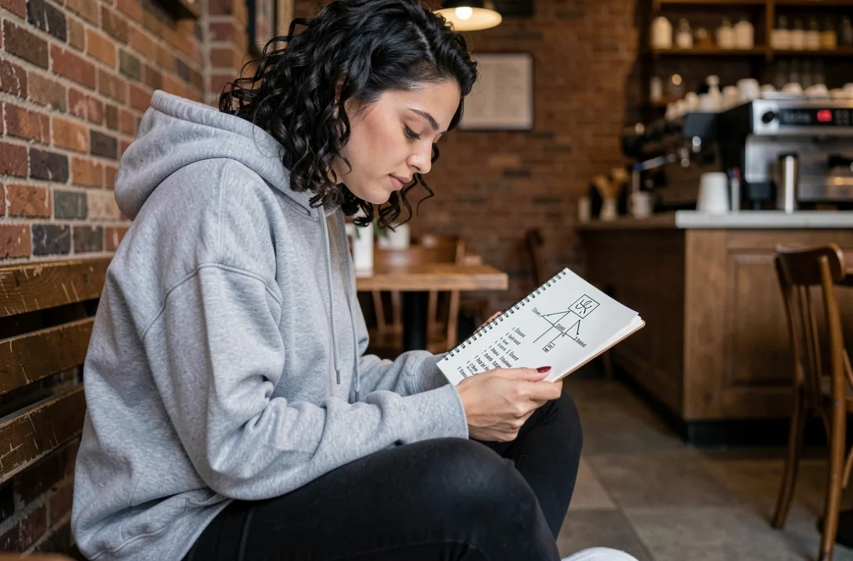 Jeune femme jouant au pendu avec des mots difficiles dans un cahier dans un café urbain