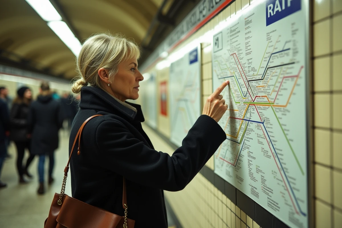Femme consultant le plan du métro parisien ligne 9 affiché dans une station RATP