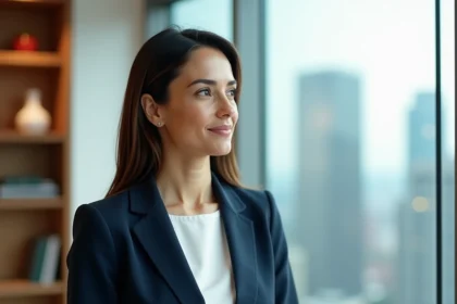 Femme confiante en blazer marine regardant par une fenêtre urbaine, symbolisant le développement personnel et le profil MBTI Protagoniste ENFJ