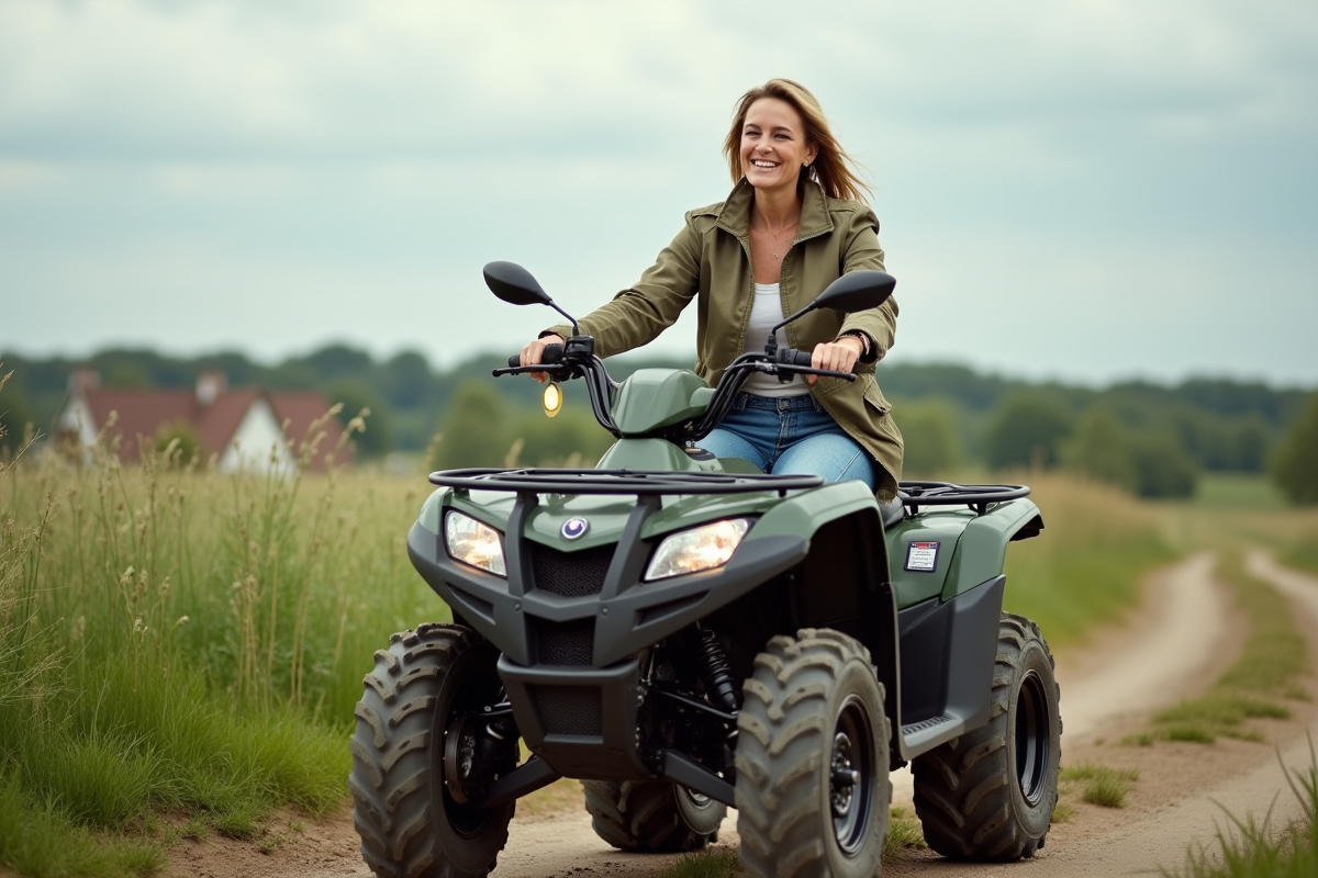 Femme souriante sur un quad dans un paysage rural