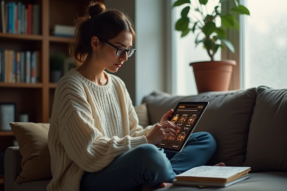 Jeune femme consultant des recettes de craft et des points d'expérience sur une tablette dans un salon, avec carnet de notes de jeu vidéo RPG