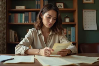 Femme examinant des documents historiques sur une date de naissance, entourée de registres et archives papier
