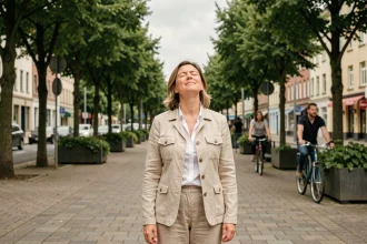 Femme respirant de l'air frais dans une avenue piétonne urbaine verdoyante, symbole de ville idéale sans pollution