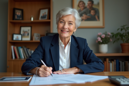 Femme d'âge moyen en bureau à domicile pour la retraite