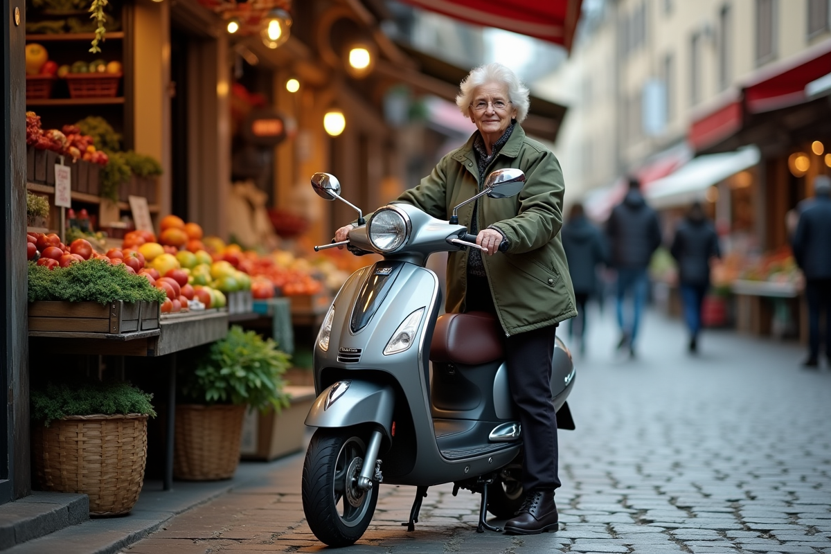 Femme âgée garer son scooter au marché urbain