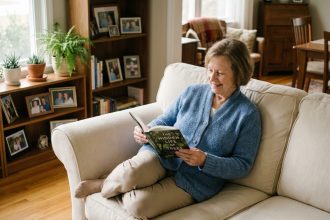 Femme senior lisant dans un salon confortable