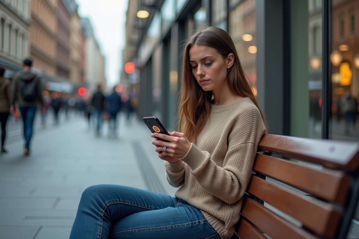 Jeune femme sceptique regardant son smartphone en ville