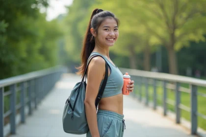 Jeune femme sportive tenant une bouteille Air Up dans un parc urbain moderne, illustrant l'utilisation d'un code promo influenceur